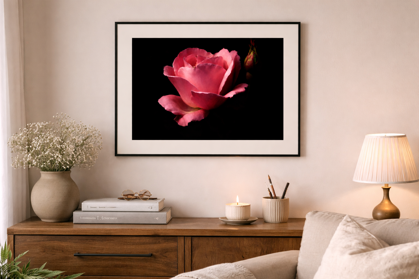 LAMINA DECORATIVA ROSA SOBRE FONDO NEGRO