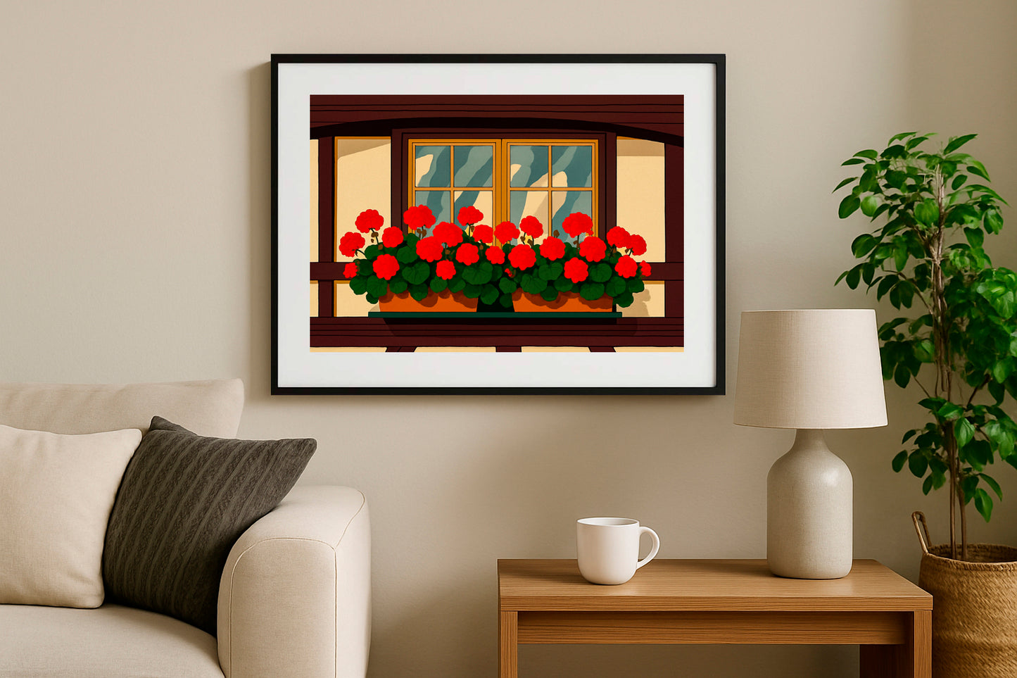 Lámina decorativa original ventana con geranios rojos en rincón de salón nórdico, ilustración estilo alpino — IMAJIN-ARTE