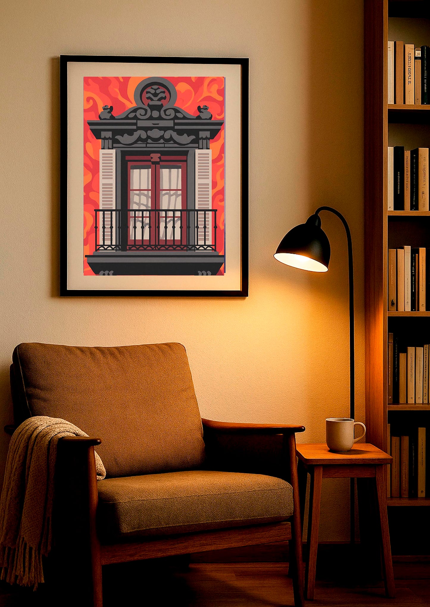 Lámina decorativa Balcón Plaza Mayor Madrid enmarcada en negro sobre sillón vintage, rincón de lectura con lámpara y librería, arte urbano madrileño IMAJIN-ARTE