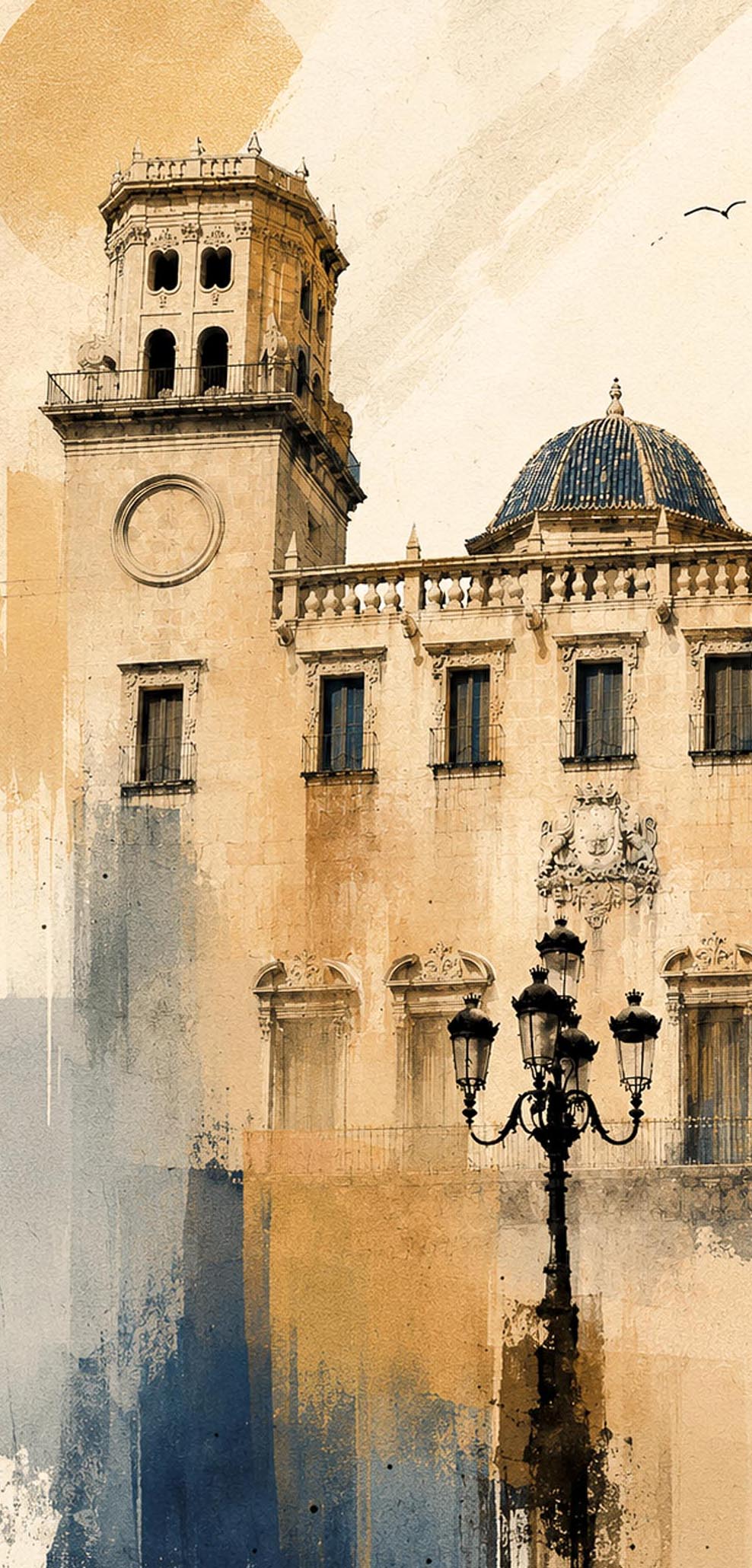 Detalle de lámina Ayuntamiento de Alicante, primerísimo plano de torre con óculo circular, cúpula azul verdosa con escamas, escudo heráldico en relieve y farola de forja de cinco brazos, acuarela en tonos ocre dorado con gaviota al fondo IMAJIN-ARTE