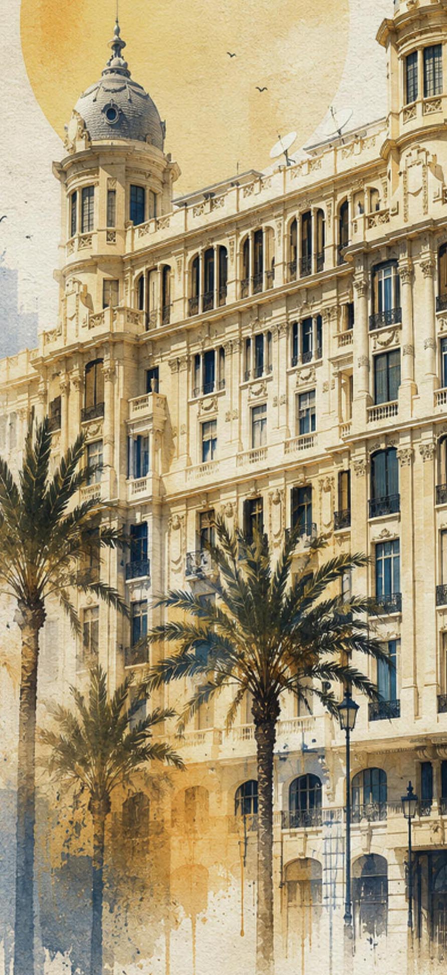 Detalle de la fachada modernista de la Casa Carbonell de Alicante, acuarela digital con palmeras y sol dorado, arquitectura mediterránea