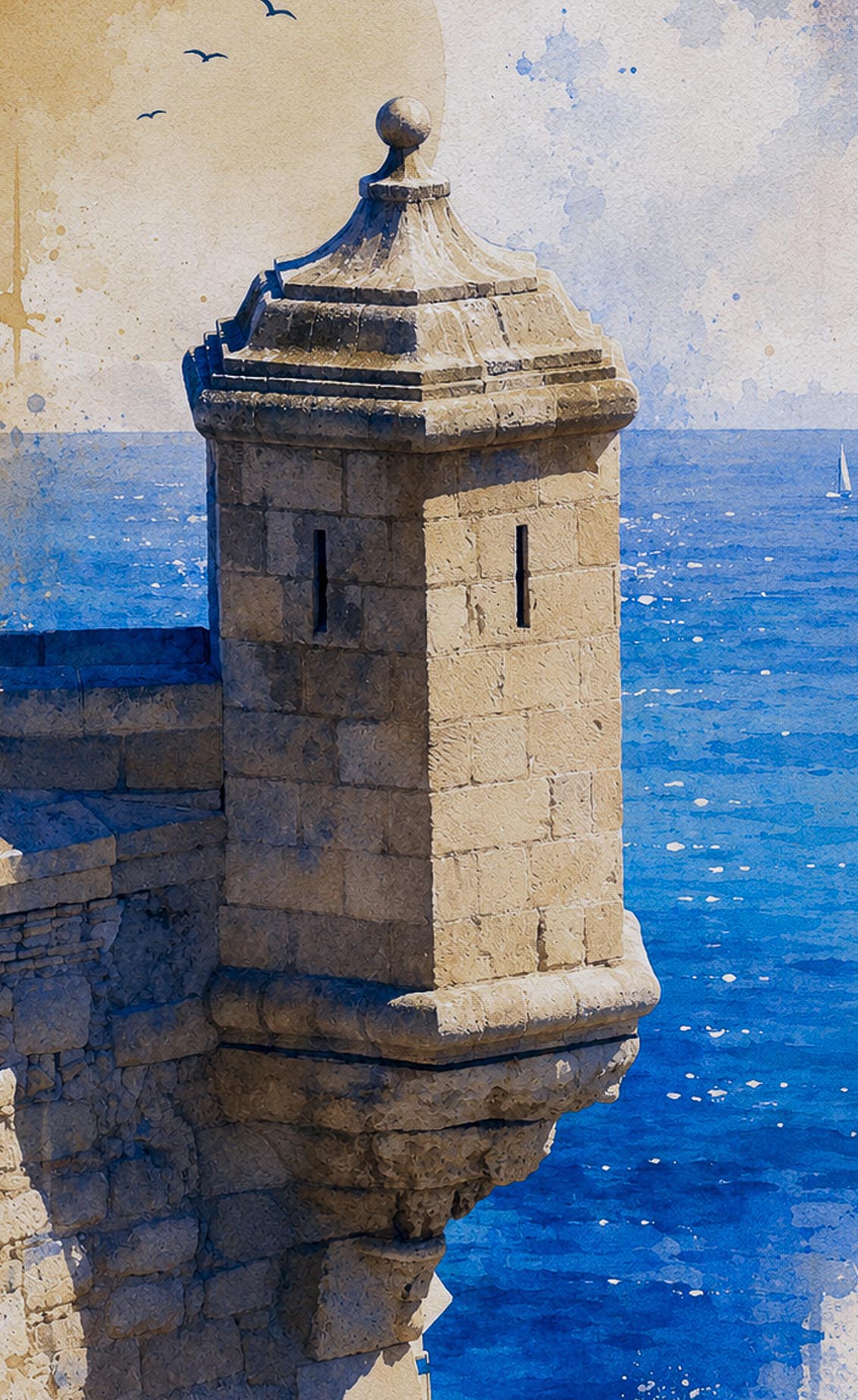 Detalle de lámina Torre de Vigilancia, primerísimo plano frontal de garita octogonal con remate en bola, saeteras verticales y sillería de piedra arenisca sobre Mediterráneo azul con velero blanco, acuarela Castillo Santa Bárbara IMAJIN-ARTE