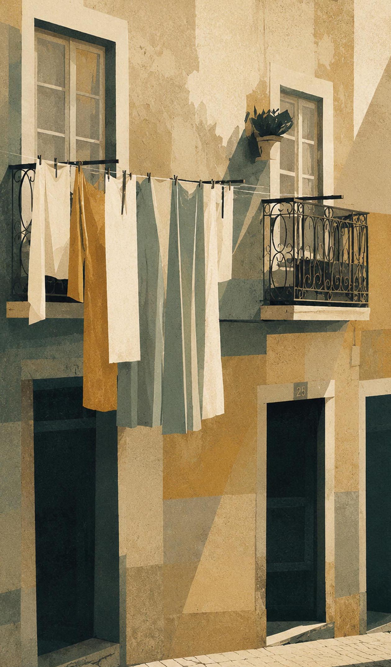 Detalle de lámina Ropa Tendida Lisboa, primer plano de ropa tendida en cuerda entre balcón de forja y fachada de piedra ocre con luz mediterránea, fotografía artística IMAJIN-ARTE