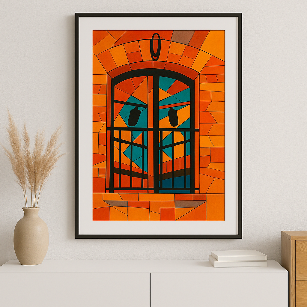 Lámina decorativa para decoracion de pared Reflejo de Garrucha enmarcada en salón de estilo moderno ventana de arco con rejas de forja en tonos naranja y turquesa — IMAJIN-ARTE