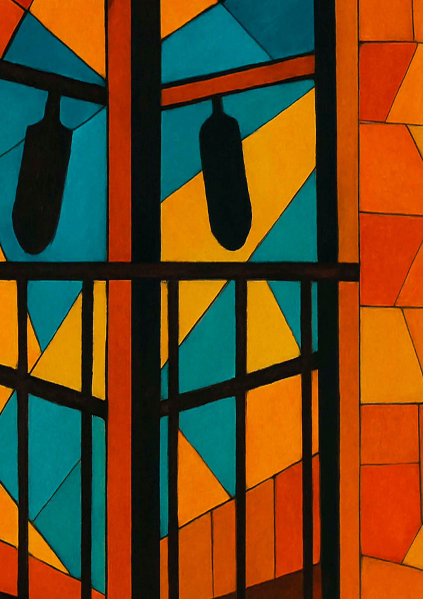 Detalle lámina Reflejo de Garrucha, rejas de forja con siluetas de faroles y reflejos geométricos en turquesa y amarillo — IMAJIN-ARTE