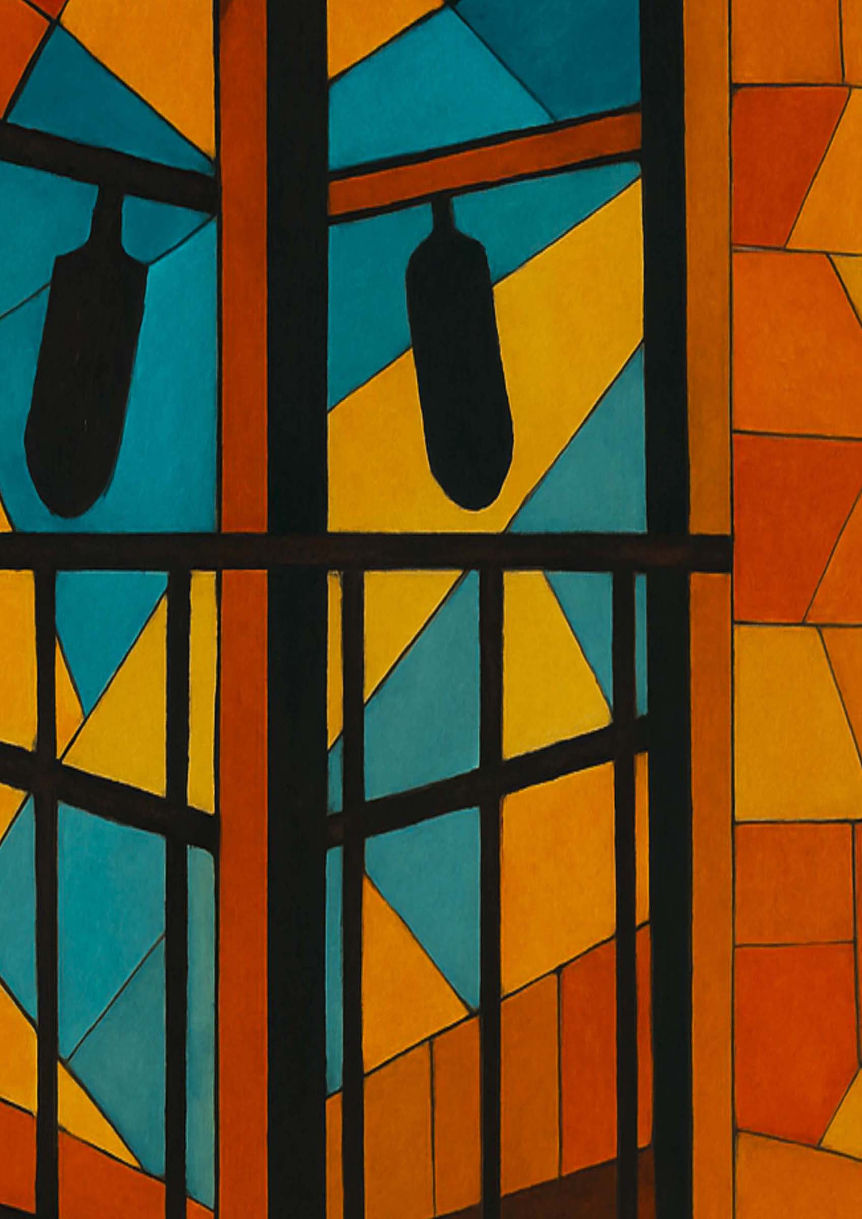 Detalle lámina Reflejo de Garrucha, rejas de forja con siluetas de faroles y reflejos geométricos en turquesa y amarillo — IMAJIN-ARTE