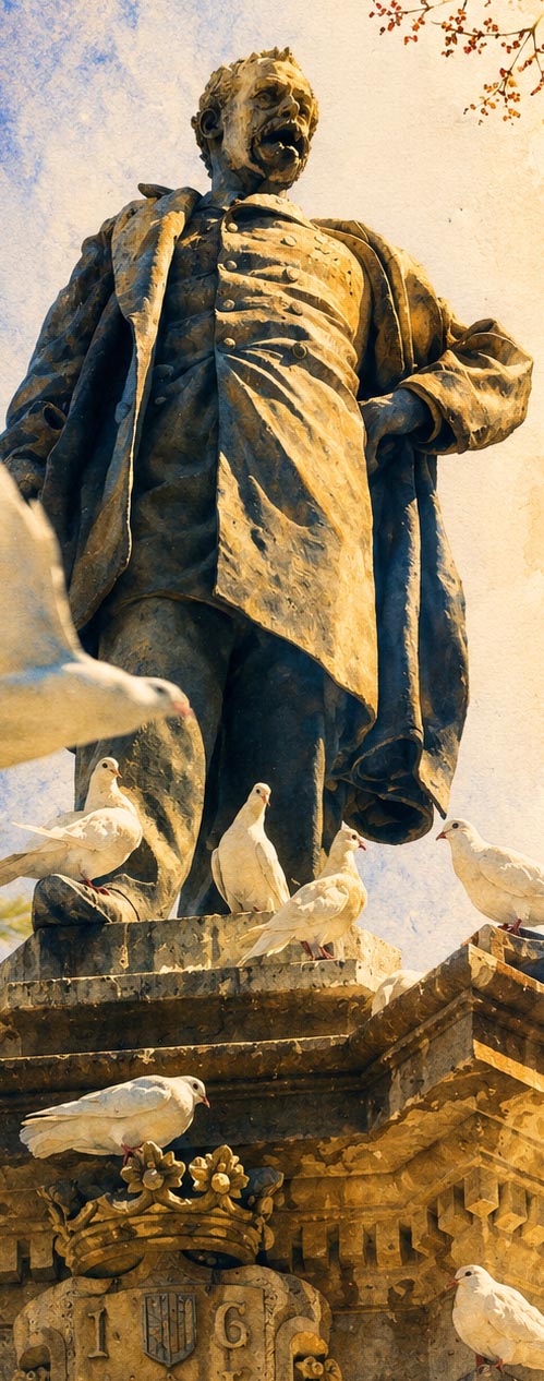 Detalle de estatua de Maisonnave en bronce oscuro con palomas blancas posadas en el pedestal barroco con escudo de Alicante, tratamiento acuarela en ocre dorado IMAJIN-ARTE
