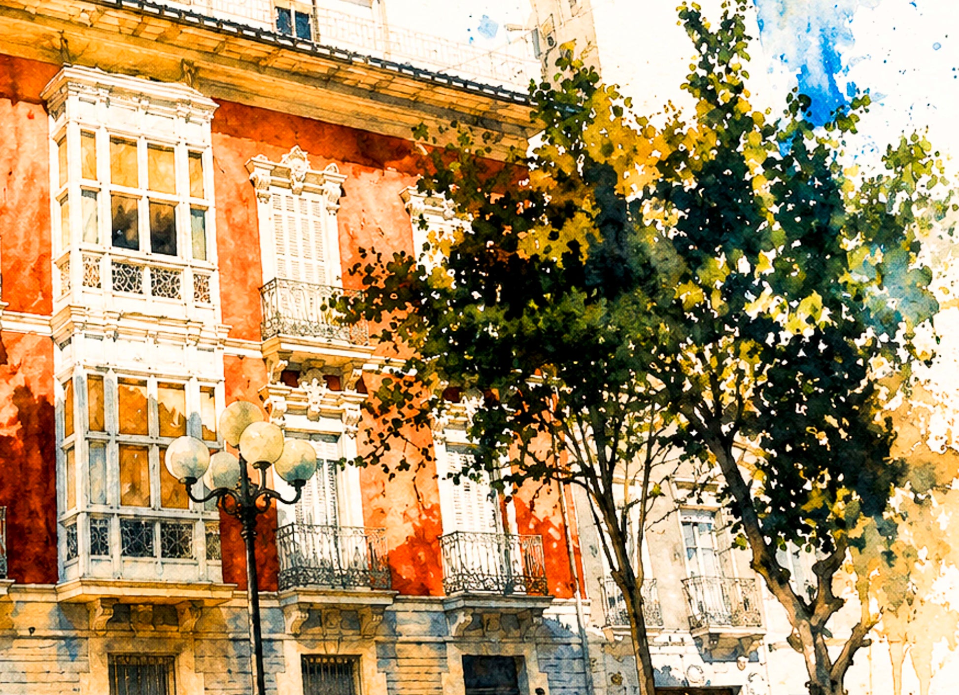 Detalle de fachada modernista roja con miradores blancos de madera, balcones de forja negra y farola de tres luces junto a árbol frondoso, acuarela expresiva en Alicante IMAJIN-ARTE