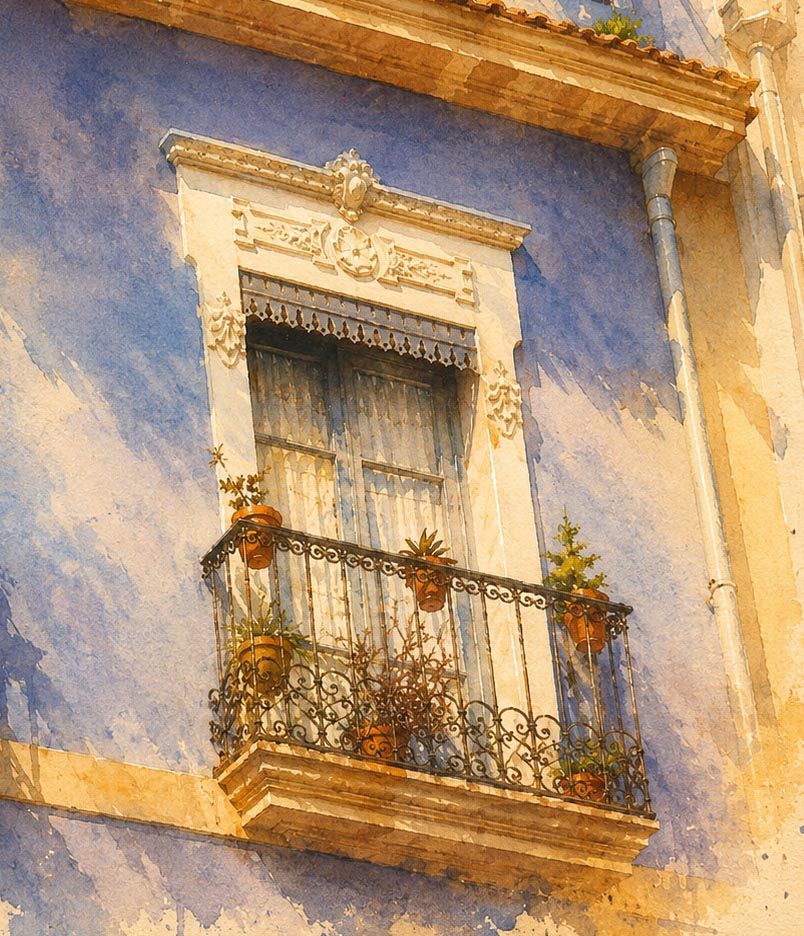 Detalle de balcón de forja negra con macetas de terracota y plantas sobre fachada azul lavanda en Alicante, molduras barrocas blancas y cortinas, acuarela expresiva IMAJIN-ARTE