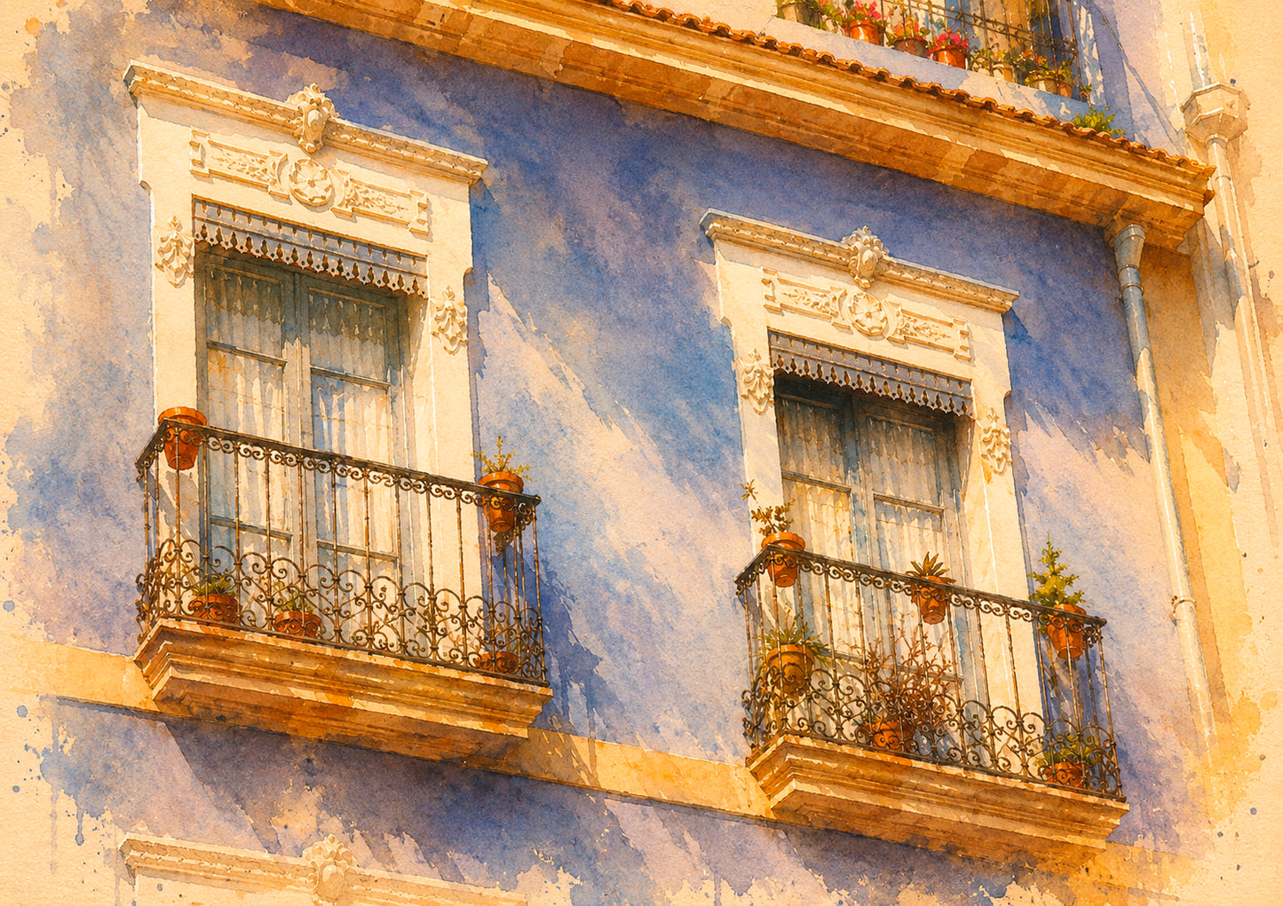 LAMINA DECORATIVA DOS BALCONES SOBRE FACHADA AZUL