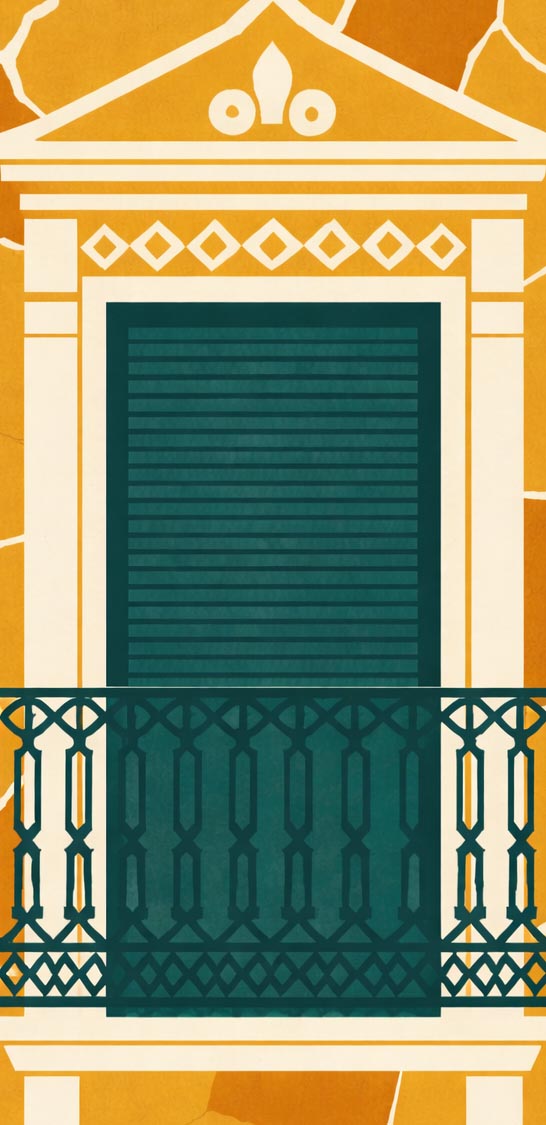 Detalle de lámina decorativa con frontón neoclásico en crema, persiana verde botella y barandilla de forja sobre pared desconchada en ocre imajin-arte