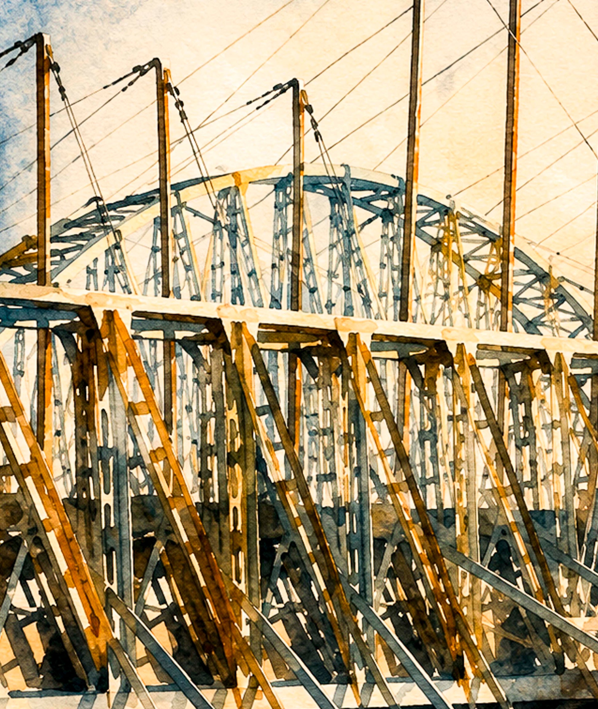 Detalle macro de estructura metálica del Pabellón de Tecnificación de Alicante: vigas diagonales en ocre y gris azulado, mástiles con cables tensores y arco metálico al fondo, acuarela expresiva IMAJIN-ARTE