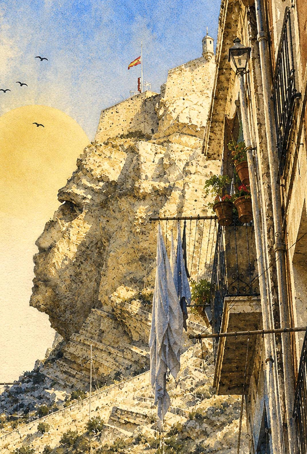 Detalle de lámina Cara del Moro II, primerísimo plano del perfil de roca con bandera española, balcón de forja con geranios rojos, farola de hierro y ropa tendida azul, acuarela barrio Santa Cruz Alicante con sol dorado y gaviotas IMAJIN-ARTE