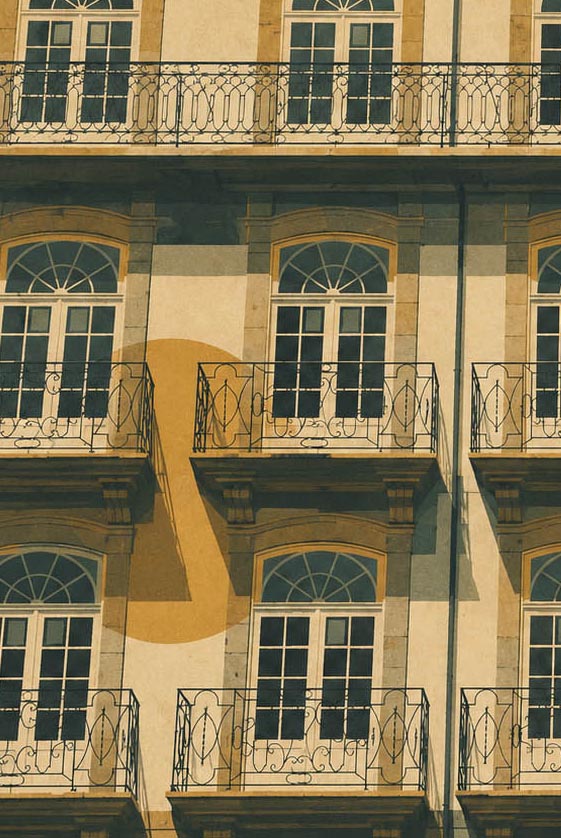 

Detalle de lámina Veinticuatro Balcones Lisboa, primer plano de balcones de forja y ventanas arqueadas con sombras geométricas sobre fachada ocre, lámina artística de arquitectura IMAJIN-ARTE