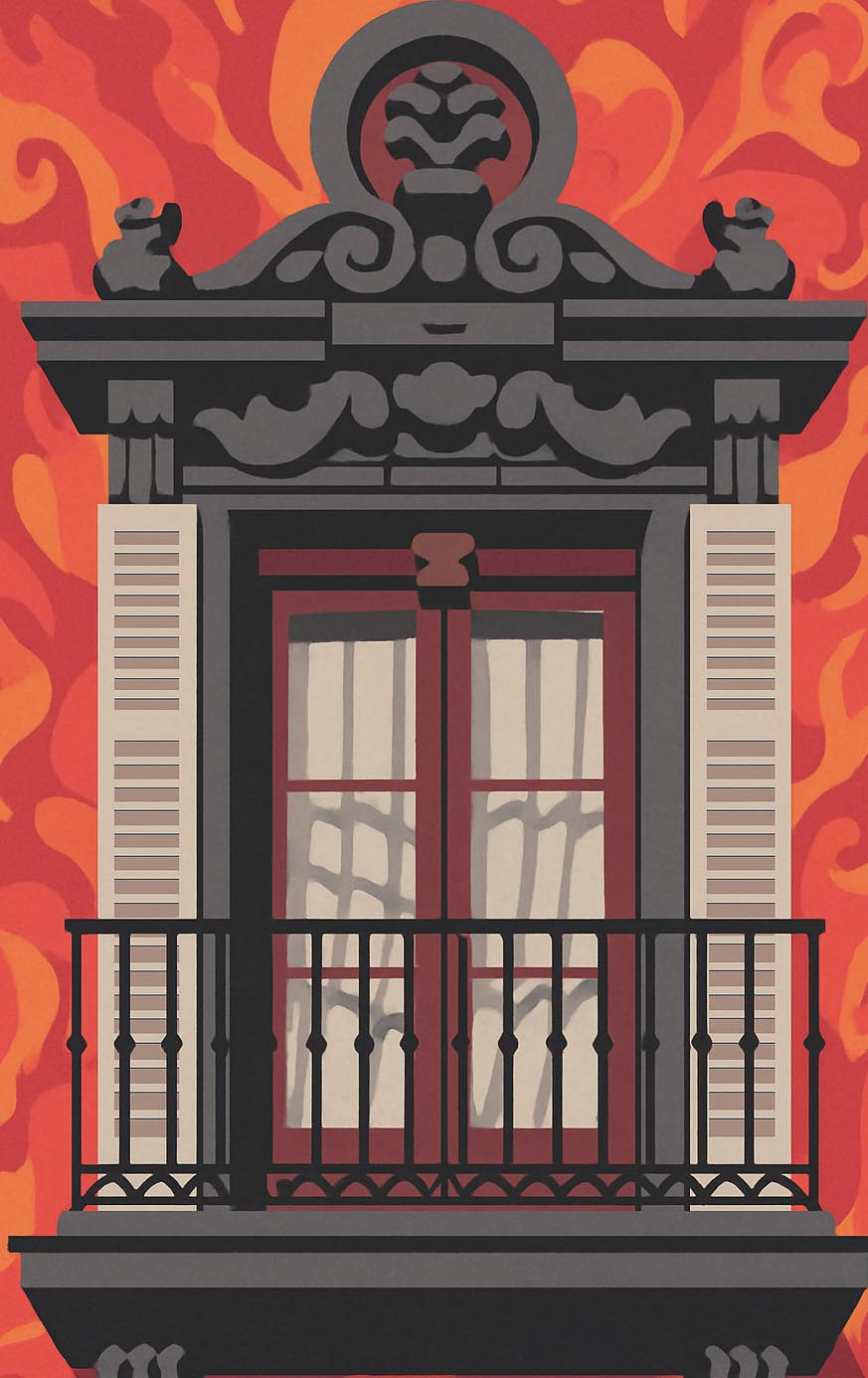 Detalle de lámina decorativa con ornamentación barroca y balcón de forja negra de la Plaza Mayor de Madrid, sobre fondo de llamas rojas IMAJIN-ARTE