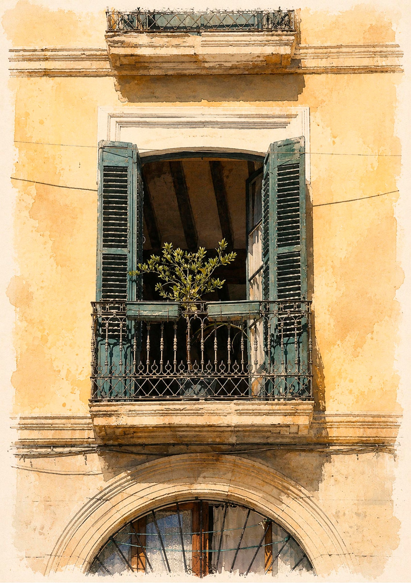 LAMINA DECORATIVA BALCON CON MALLORQUINAS VERDES.BARRIO DE SANTA CRUZ ALICANTE