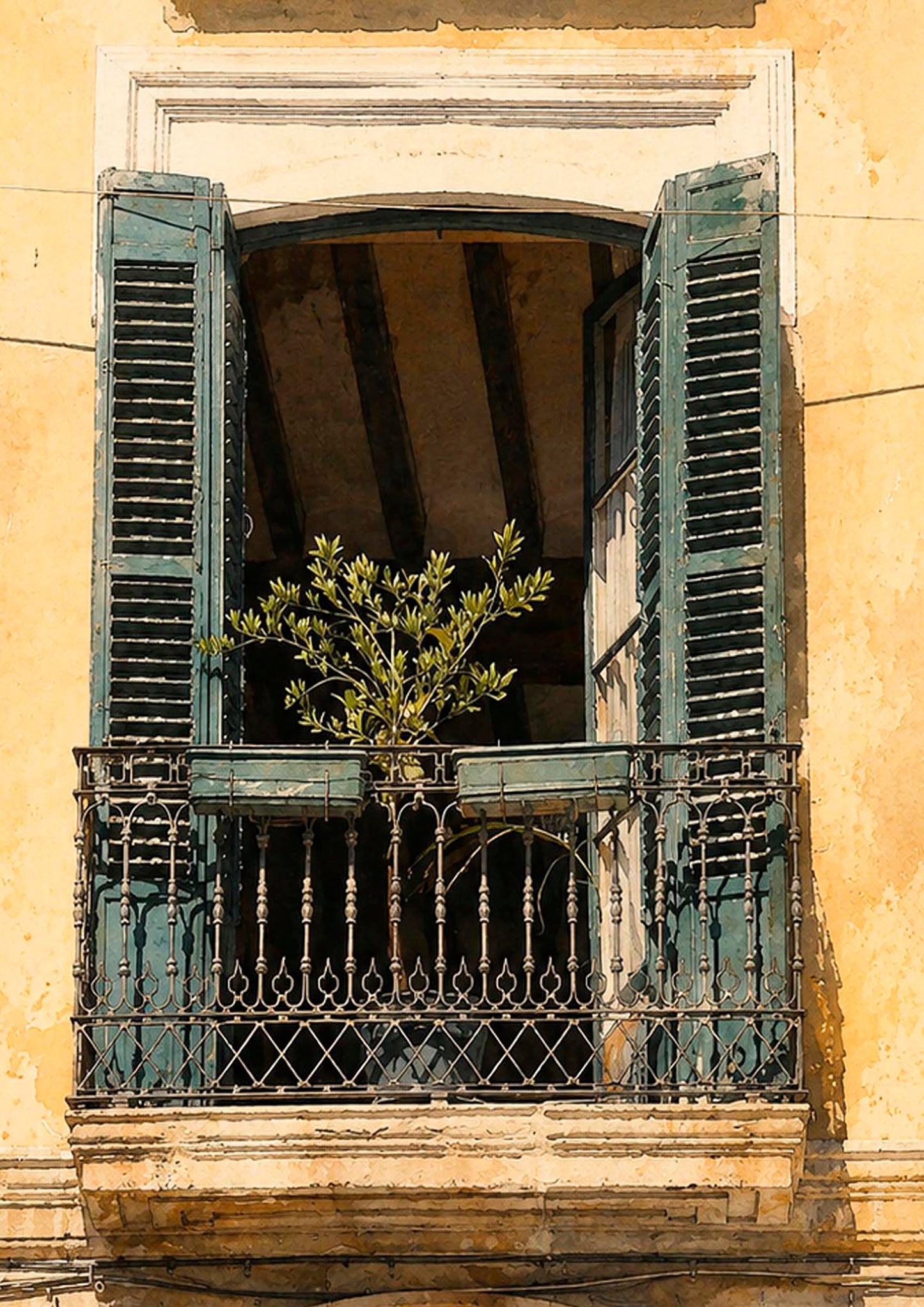 LAMINA DECORATIVA BALCON CON MALLORQUINAS VERDES.BARRIO DE SANTA CRUZ ALICANTE