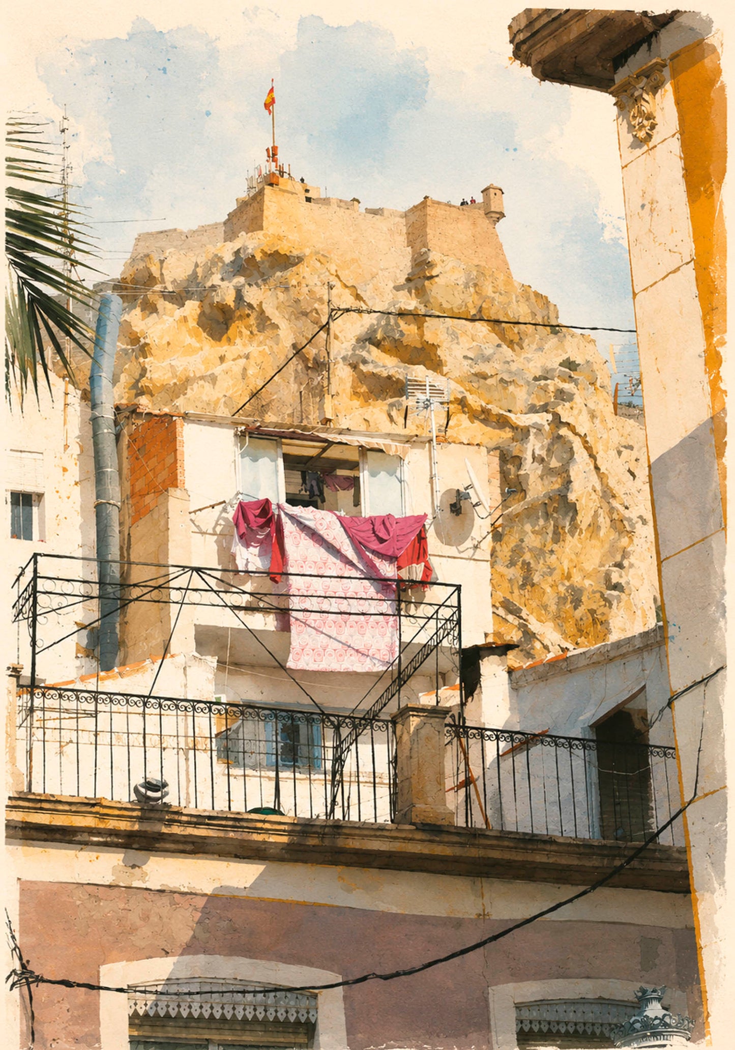 LAMINA DECORATIVA. CASTILLO Y ROPA TENDIDA. BARRIO DE SANTA CRUZ ALICANTE