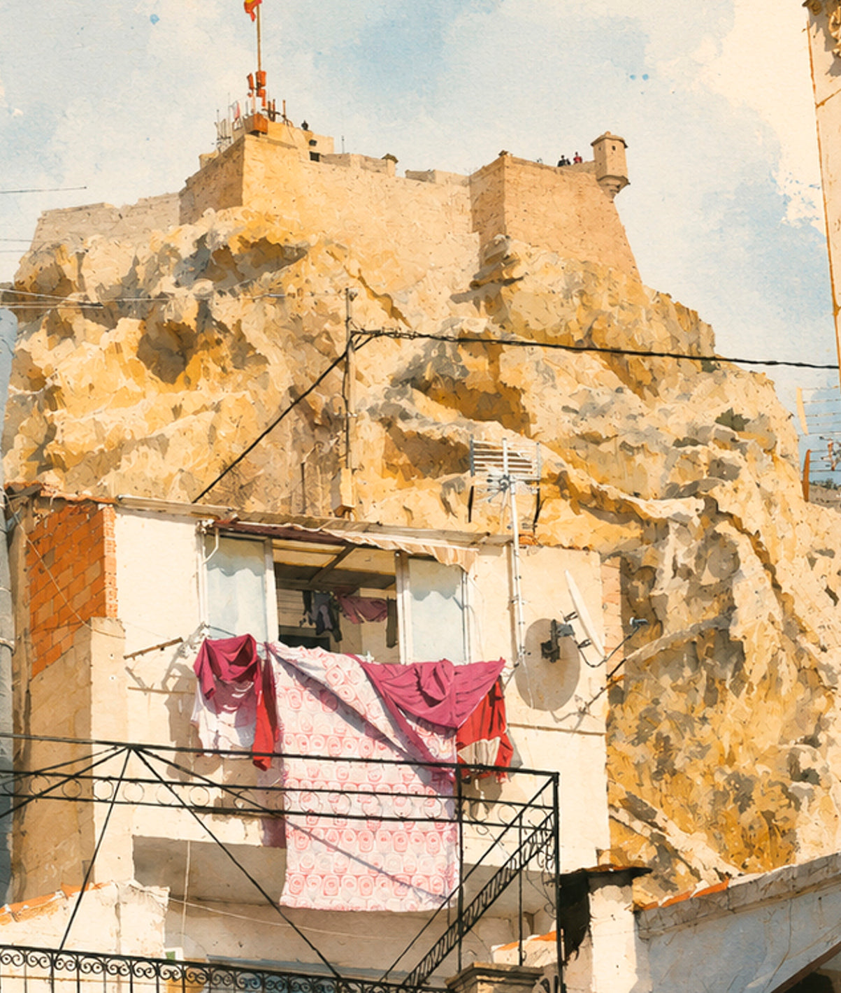 LAMINA DECORATIVA. CASTILLO Y ROPA TENDIDA. BARRIO DE SANTA CRUZ ALICANTE