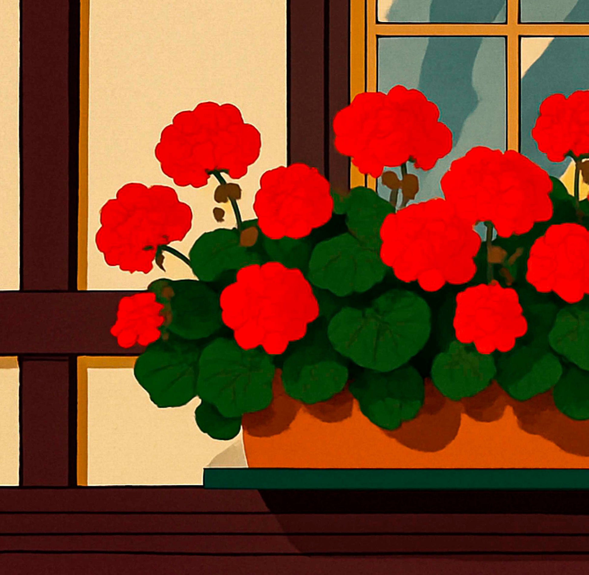 Detalle lámina decorativa geranios rojos en jardinera sobre alféizar, ilustración vectorial estilo alpino — IMAJIN-ARTE