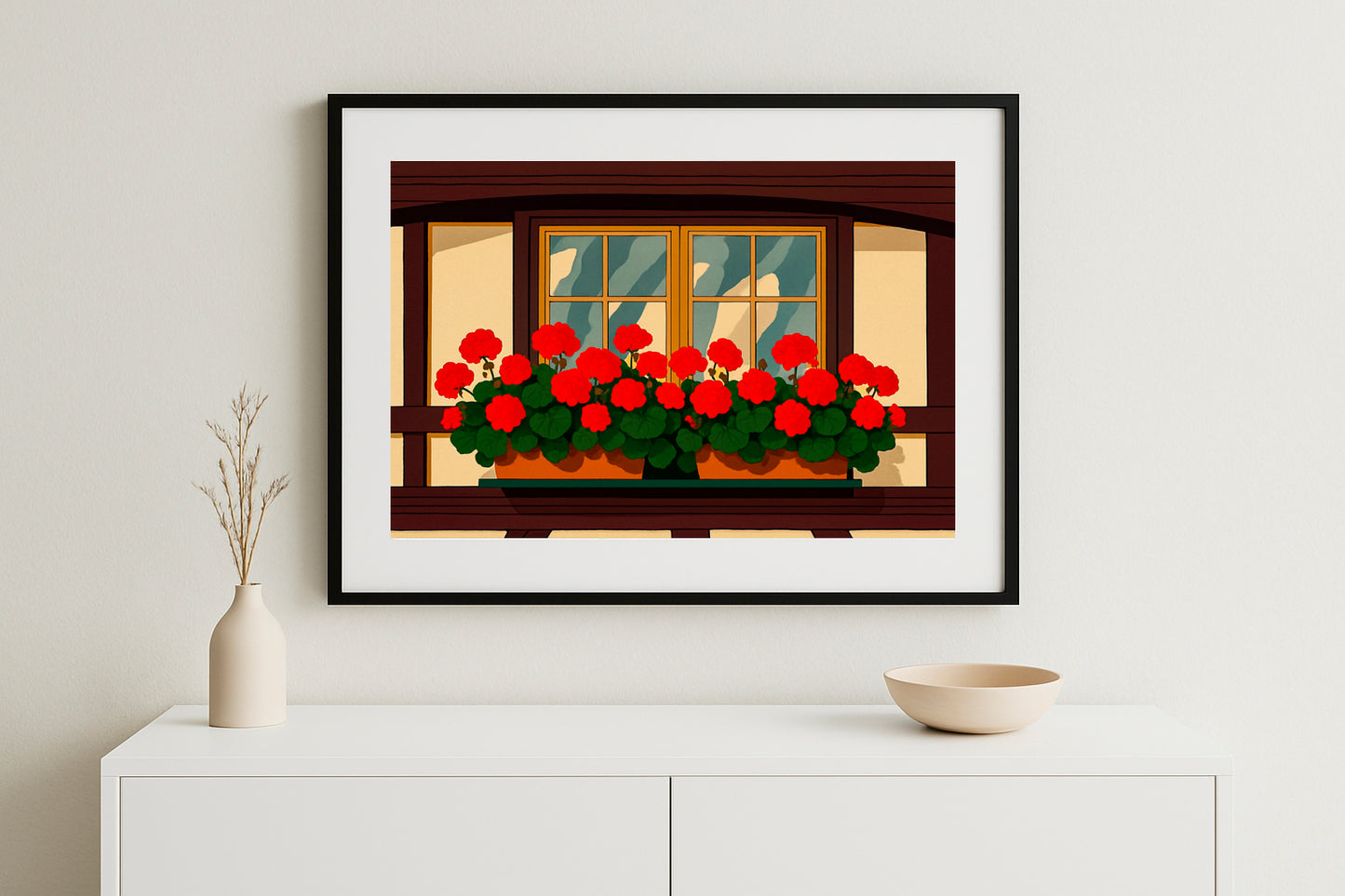 Lámina decorativa para decoracion de pared ventana con geranios rojos enmarcada en salón minimalista, ilustración estilo alpino — IMAJIN-ARTE
