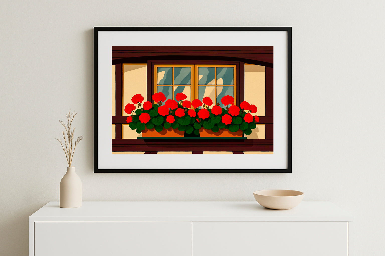 Lámina decorativa para decoracion de pared ventana con geranios rojos enmarcada en salón minimalista, ilustración estilo alpino — IMAJIN-ARTE