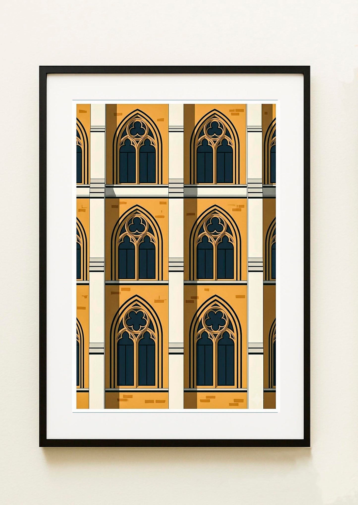 Lámina decorativa de arcos góticos — seis ventanas ojivales sobre fachada dorada y crema, estilo arquitectónico Imajin-Arte