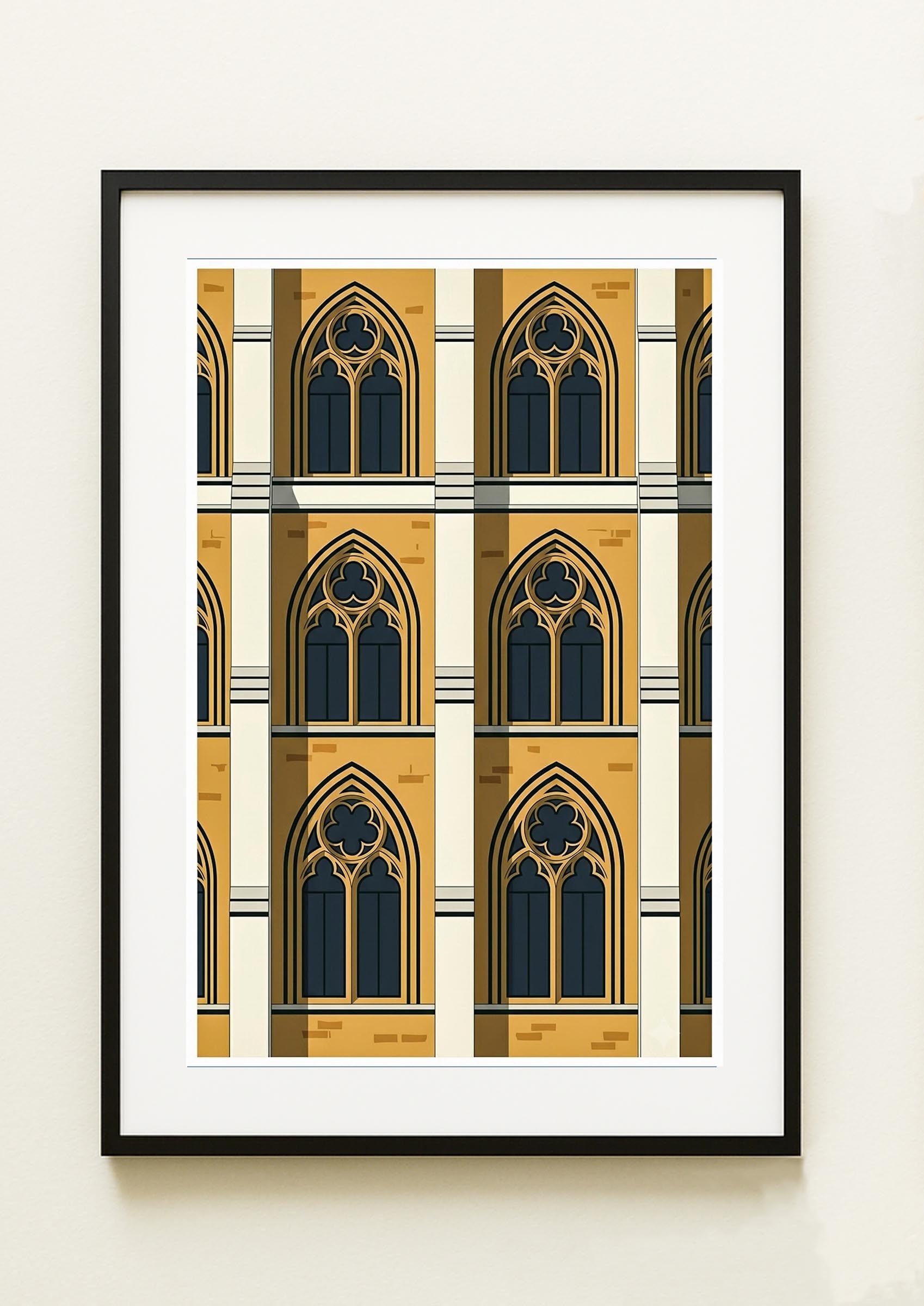 Lámina decorativa de arcos góticos — seis ventanas ojivales sobre fachada dorada y crema, estilo arquitectónico Imajin-Arte