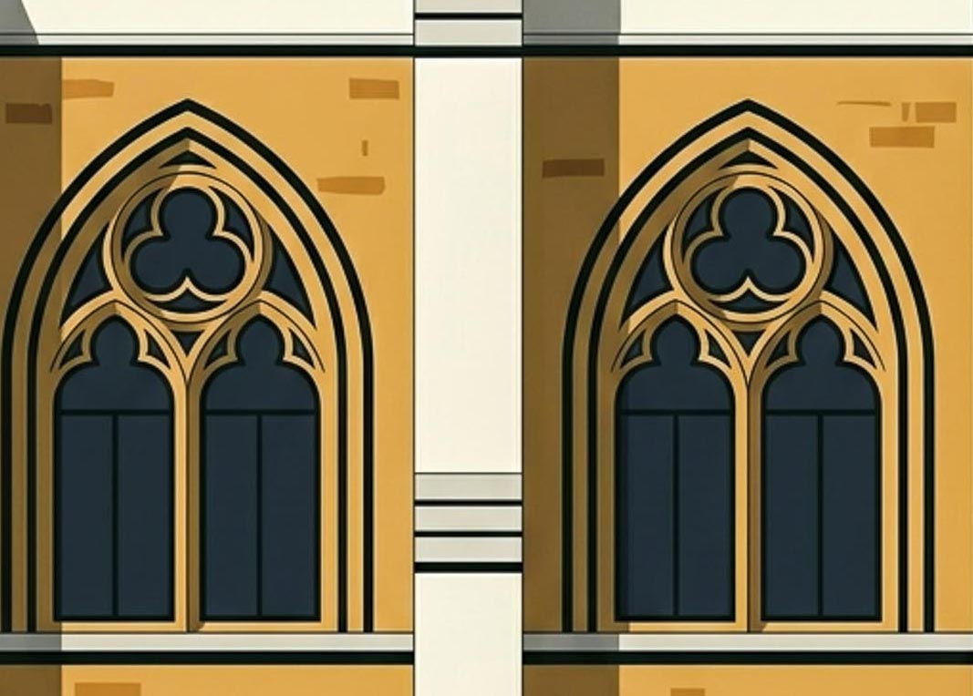 Detalle de lámina decorativa arcos góticos — ventanas ojivales con rosetón de trébol y molduras doradas sobre fachada ocre, arte arquitectónico Imajin-Arte