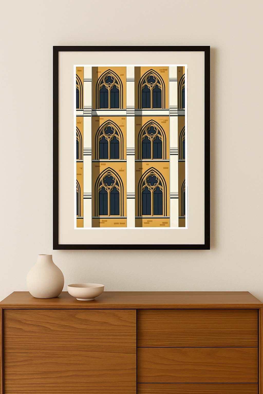 Lámina decorativa arcos góticos enmarcada en negro, colgada sobre cómoda de madera con decoración minimalista — estilo nórdico escandinavo Imajin-Arte