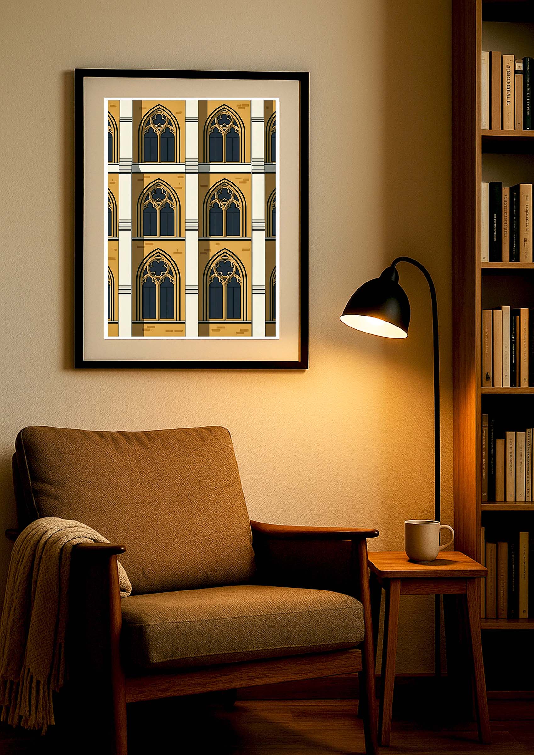 Lámina decorativa arcos góticos enmarcada en negro en rincón de lectura — sillón vintage, lámpara de pie y librería de madera con luz cálida Imajin-Arte