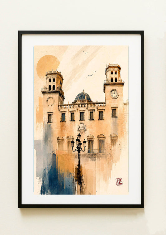 Lámina decorativa Ayuntamiento de Alicante enmarcada, acuarela vertical de fachada neoclásica con dos torres, cúpula central, reloj y farola de forja en primer plano, paleta ocre dorada con sol naranja y toques azules, cuadro marco negro paspartú blanco IMAJIN-ARTE