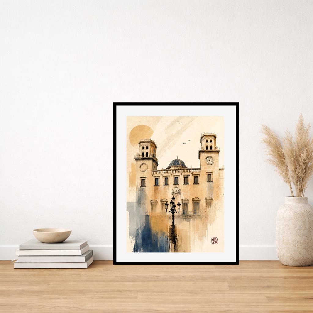 Cuadro enmarcado Ayuntamiento de Alicante apoyado sobre mesa de madera con libros blancos, cuenco beige y jarrón de cerámica con pampas, acuarela vertical de fachada neoclásica en paleta ocre dorada con toques azules IMAJIN-ARTE