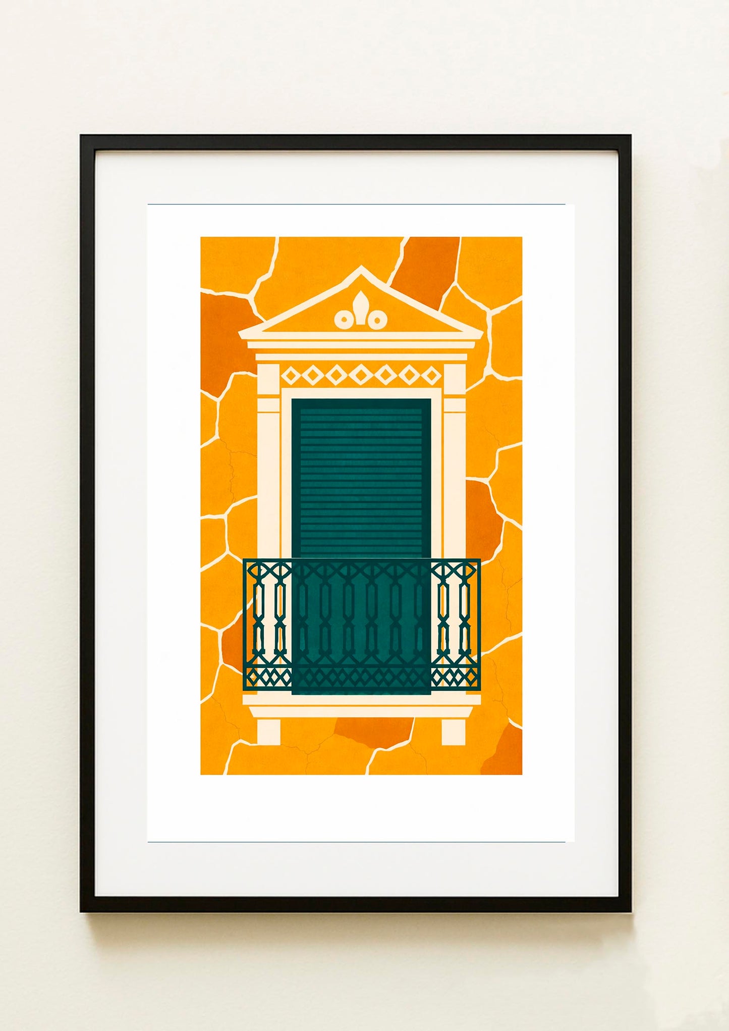 Lámina decorativa para colgar  con balcón neoclásico en crema y persiana verde botella sobre pared desconchada en ocre dorado, enmarcada en negro imajin-arte
