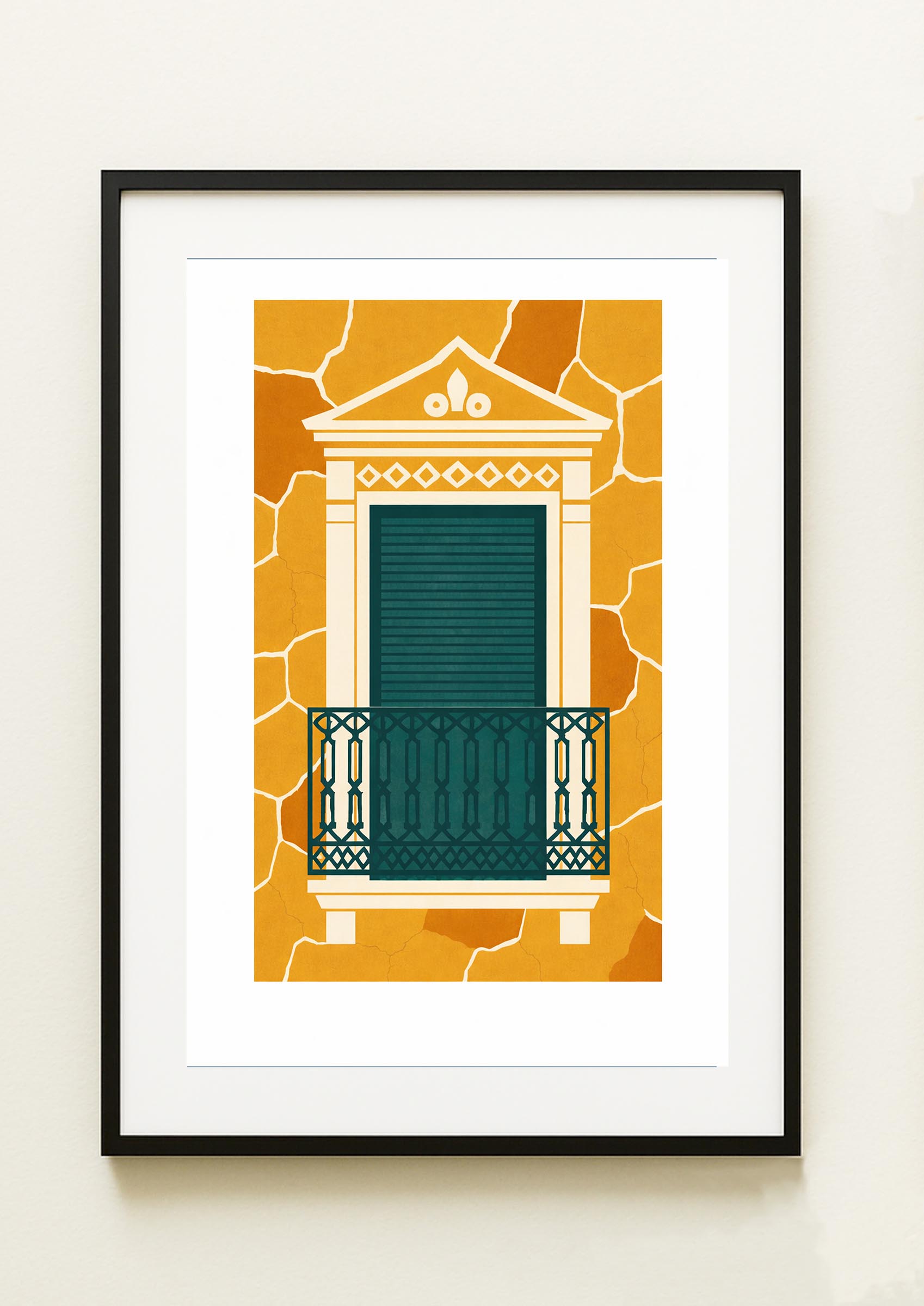 Lámina decorativa para colgar  con balcón neoclásico en crema y persiana verde botella sobre pared desconchada en ocre dorado, enmarcada en negro imajin-arte