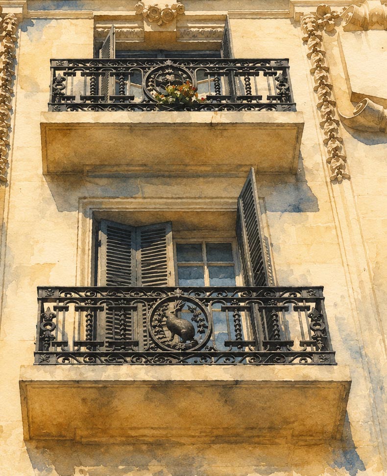 Detalle de balcón de forja negra con medallón de gallo en relieve y maceta con flores sobre fachada ocre en Alicante, persiana de madera entreabierta, acuarela expresiva IMAJIN-ARTE