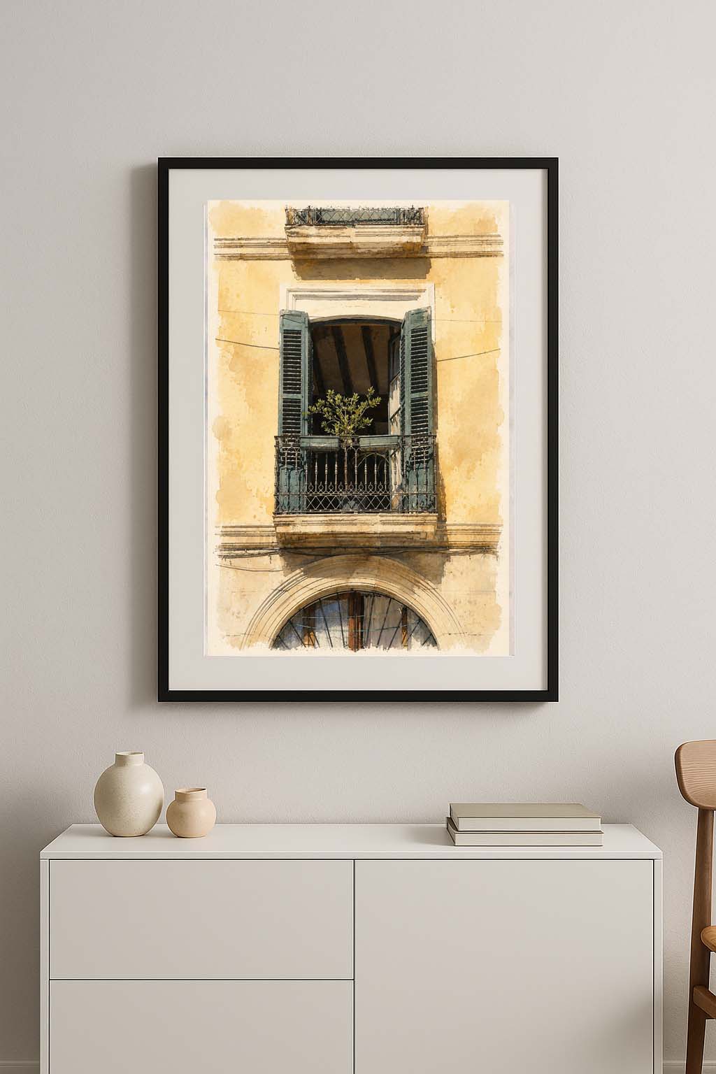LAMINA DECORATIVA BALCON CON MALLORQUINAS VERDES.BARRIO DE SANTA CRUZ ALICANTE