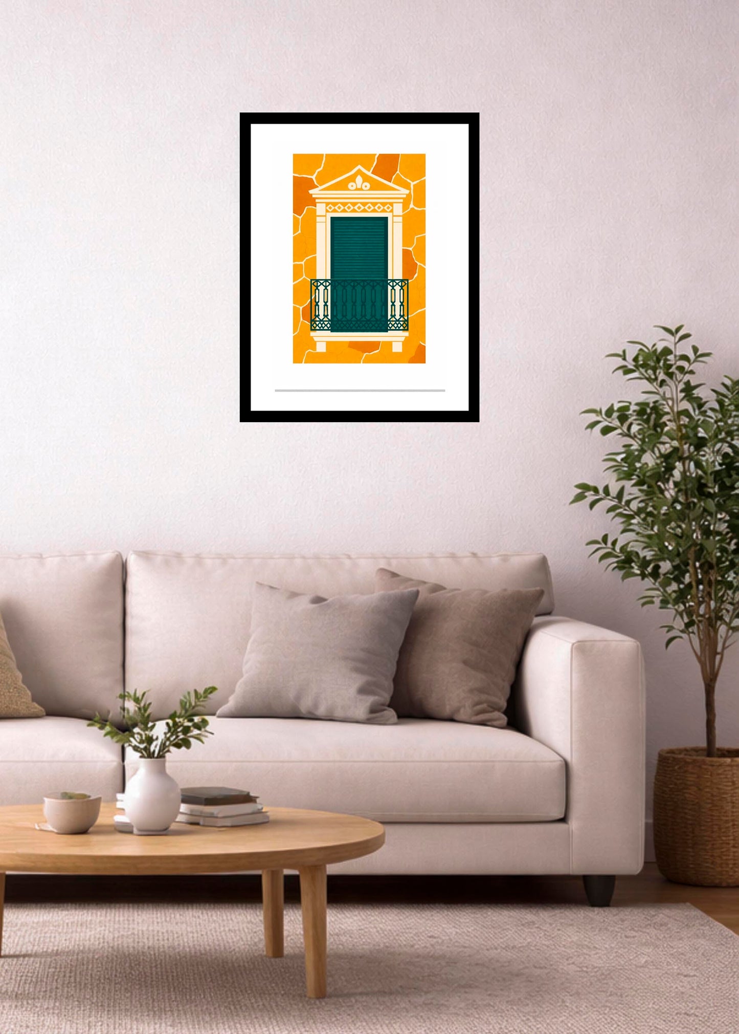 Lámina decorativa Balcón en Pared Desconchada enmarcada en negro sobre sofá beige en salón nórdico minimalista con planta y mesa de madera imajin-arte