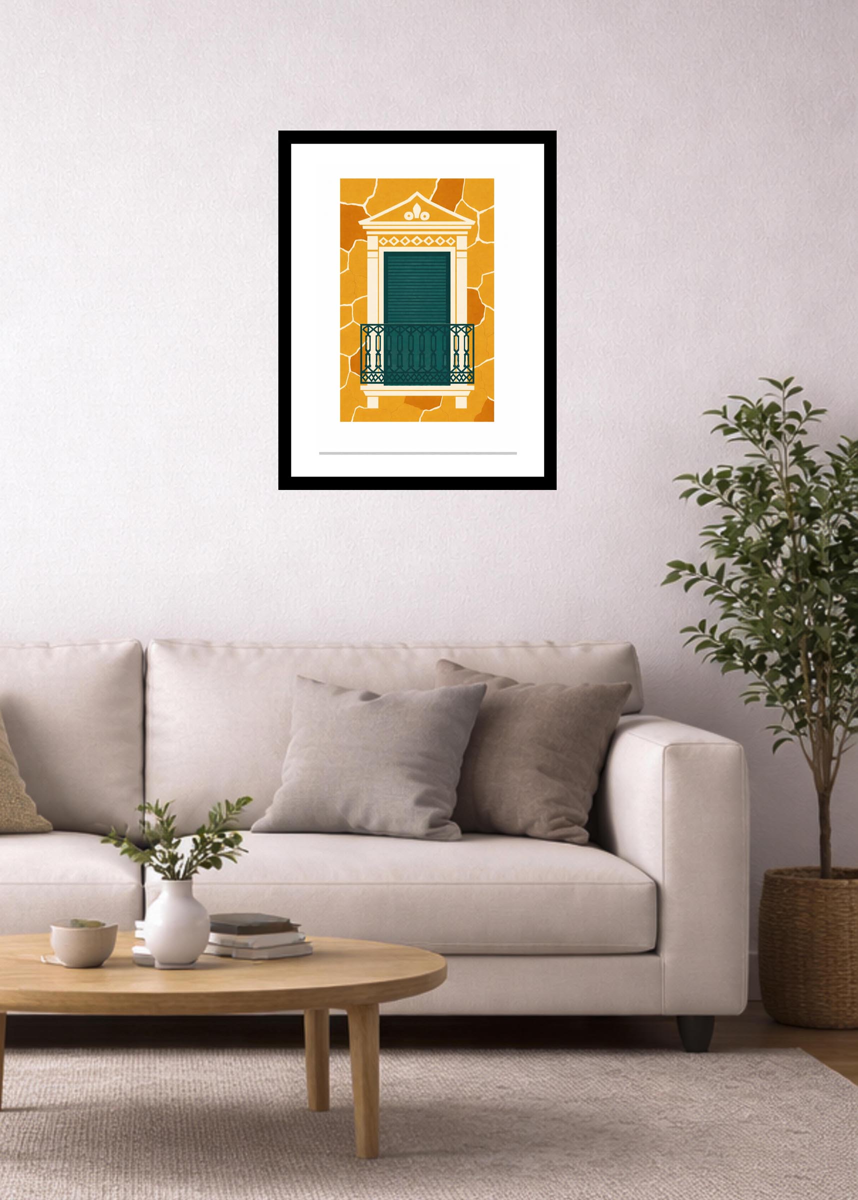 Lámina decorativa Balcón en Pared Desconchada enmarcada en negro sobre sofá beige en salón nórdico minimalista con planta y mesa de madera imajin-arte
