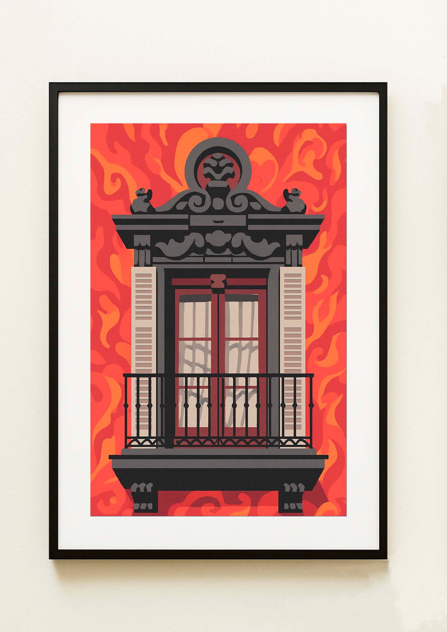 Lámina decorativa con balcón barroco de la Plaza Mayor de Madrid en gris antracita y forja negra, sobre fondo de llamas rojas y naranjas, enmarcada en negro IMAJIN-ARTE