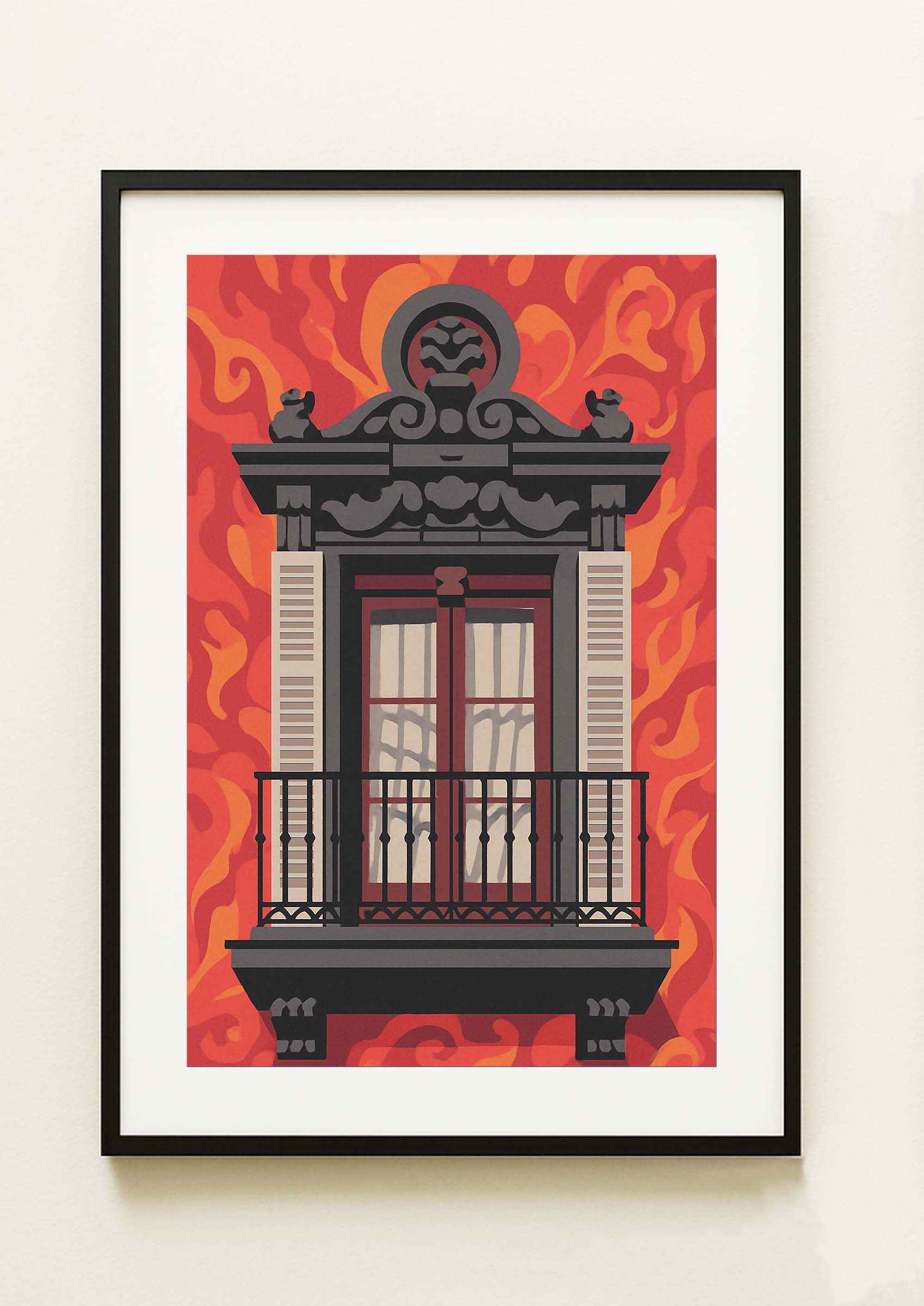 Lámina decorativa con balcón barroco de la Plaza Mayor de Madrid en gris antracita y forja negra, sobre fondo de llamas rojas y naranjas, enmarcada en negro IMAJIN-ARTE