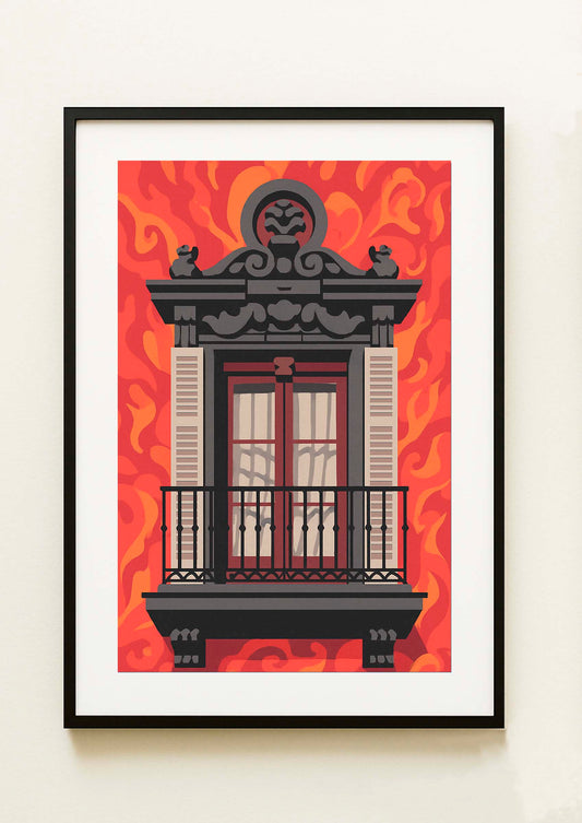 Lámina decorativa con balcón barroco de la Plaza Mayor de Madrid en gris antracita y forja negra, sobre fondo de llamas rojas y naranjas, enmarcada en negro IMAJIN-ARTE