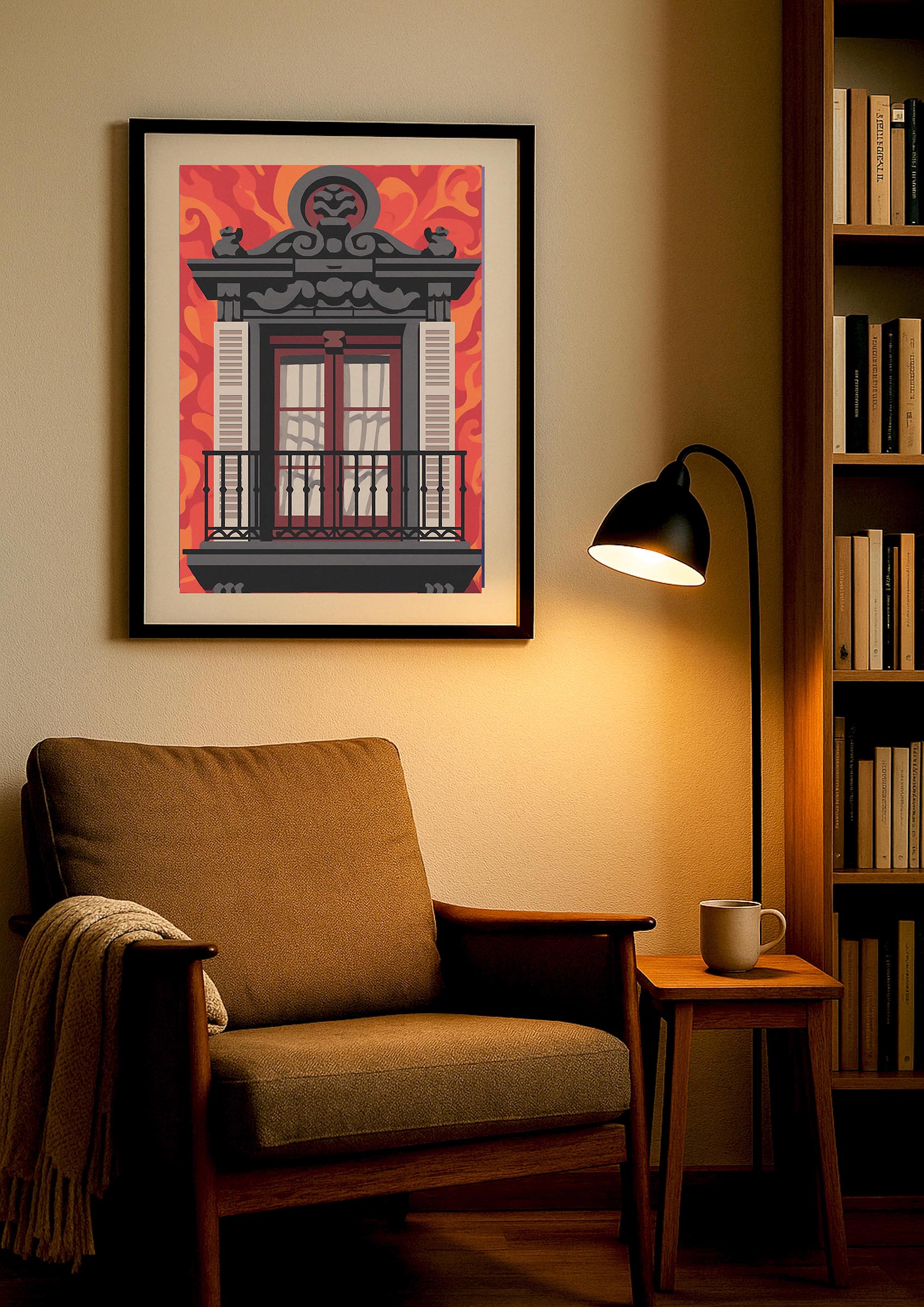 Lámina decorativa Balcón Plaza Mayor Madrid enmarcada en negro sobre sillón vintage, rincón de lectura con lámpara y librería, arte urbano madrileño IMAJIN-ARTE