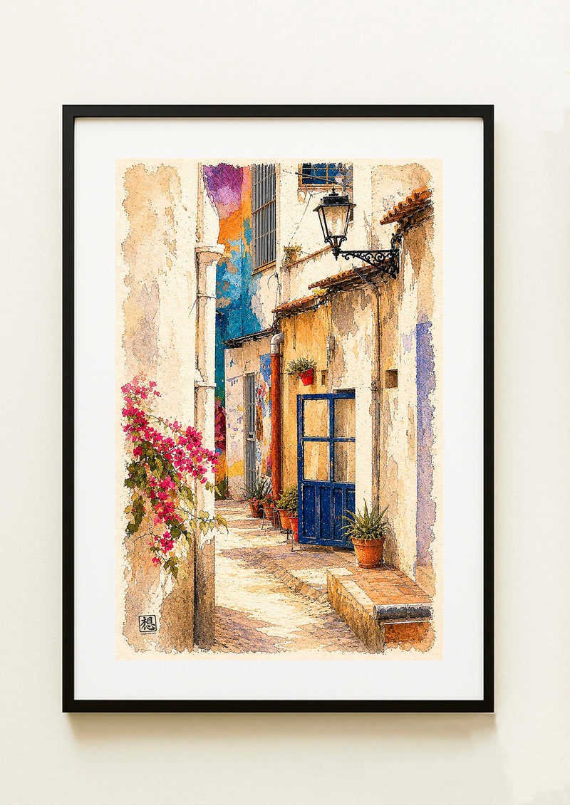 Lámina decorativa Callejón Colorista enmarcada, fotografía artística de callejuela mediterránea con puerta azul, buganvilla rosa, farola de forja y macetas en fachada ocre, cuadro 43x53 cm marco negro paspartú blanco IMAJIN-ARTE
