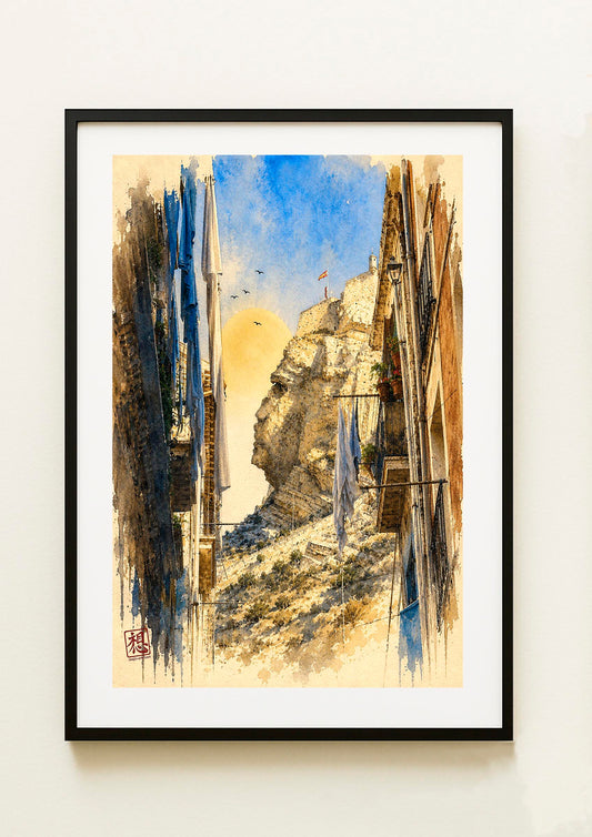 Lámina decorativa Cara del Moro II enmarcada, acuarela vertical de calle estrecha del barrio Santa Cruz de Alicante con ropa tendida entre balcones y peñón del Castillo de Santa Bárbara al fondo, cuadro marco negro paspartú blanco IMAJIN-ARTE