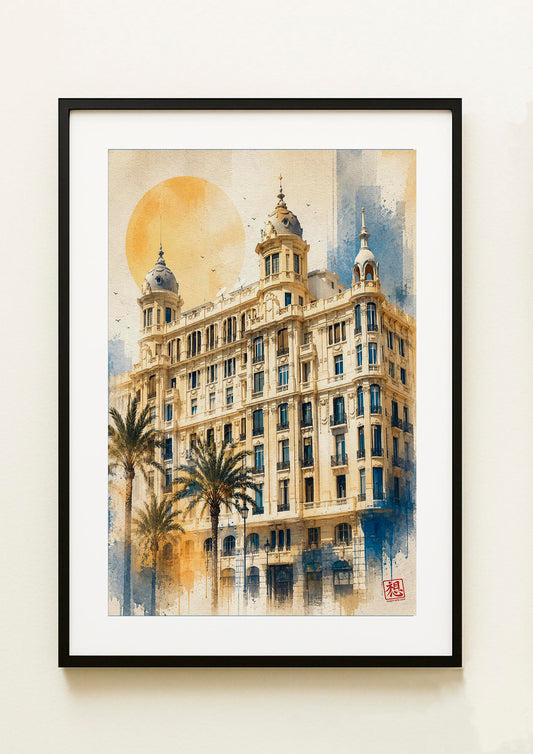 Lámina decorativa enmarcada de la Casa Carbonell de Alicante, acuarela digital con sol dorado y palmeras, marco negro con passpartout blanco IMAJIN-ARTE