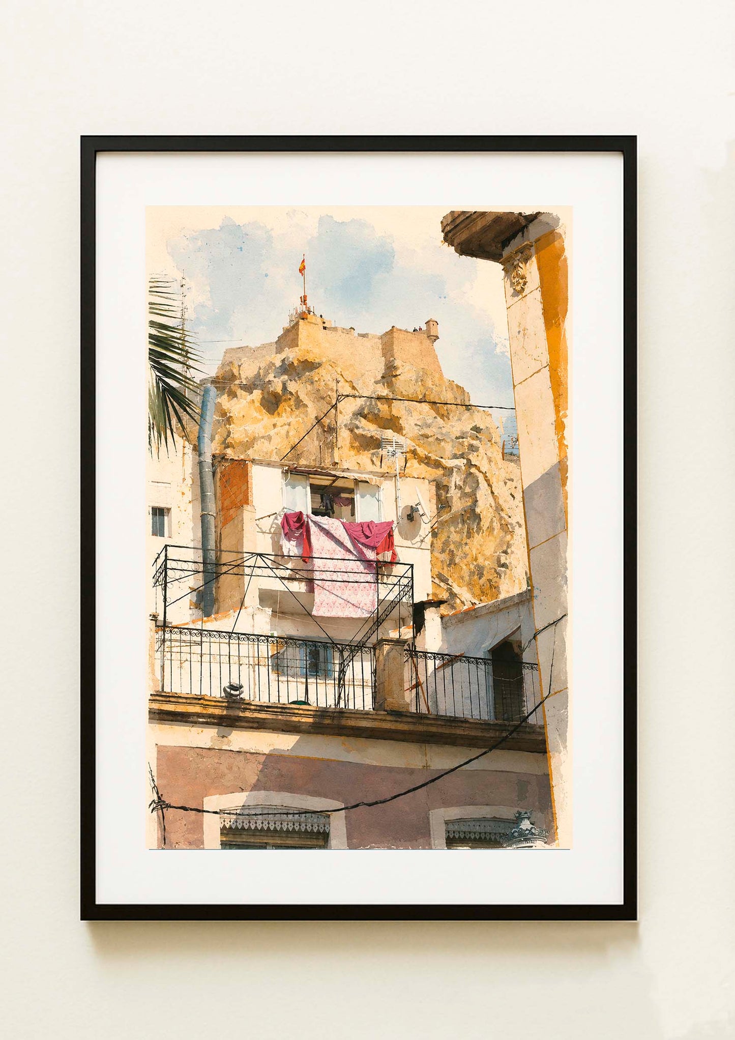 LAMINA DECORATIVA. CASTILLO Y ROPA TENDIDA. BARRIO DE SANTA CRUZ ALICANTE