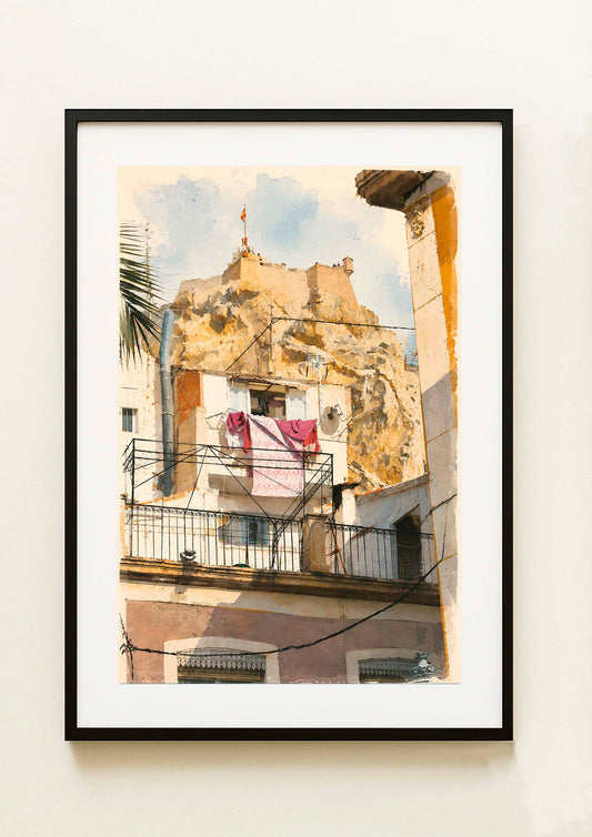 LAMINA DECORATIVA. CASTILLO Y ROPA TENDIDA. BARRIO DE SANTA CRUZ ALICANTE