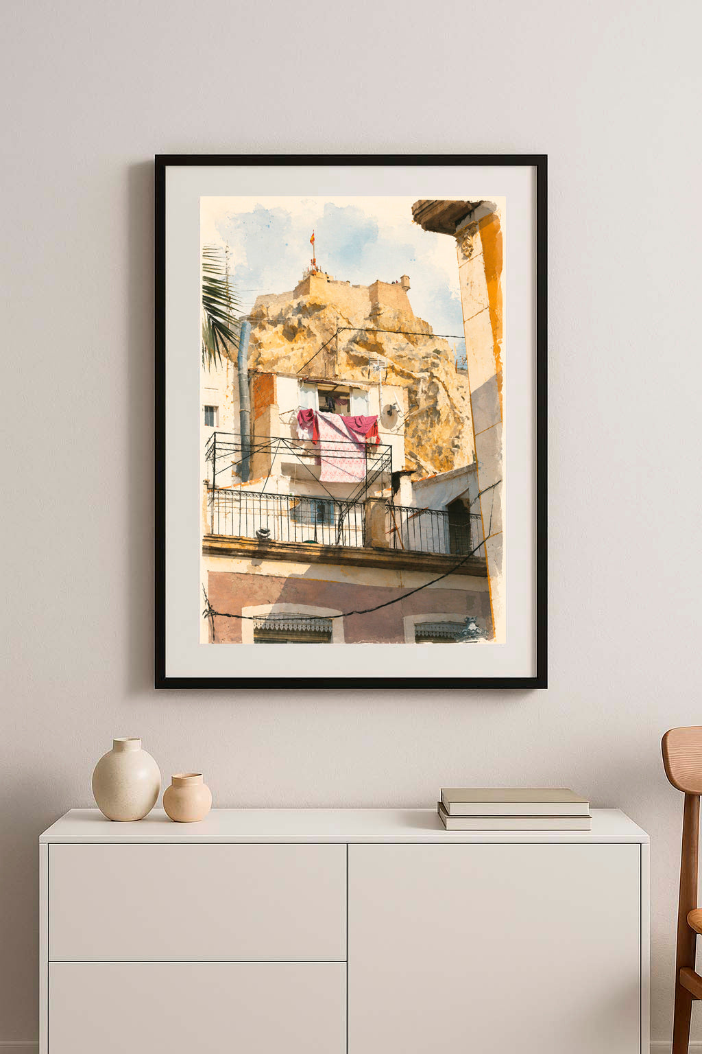 LAMINA DECORATIVA. CASTILLO Y ROPA TENDIDA. BARRIO DE SANTA CRUZ ALICANTE