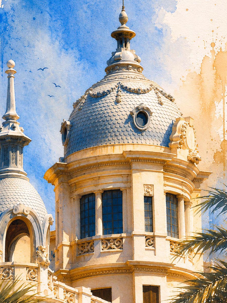 Detalle de cúpula modernista de la Casa Carbonell en Alicante con tejas escamadas grises, ornamentos barrocos en piedra crema y palmeras, acuarela expresiva con cielo azul IMAJIN-ARTE